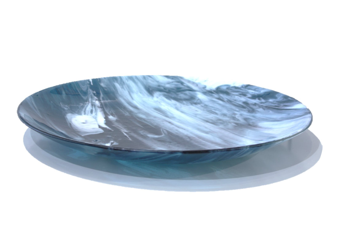 John Hanson- "Landscape Bowl- Teal", Hand Formed Sheet Glass, 480mm Diameter, 2021