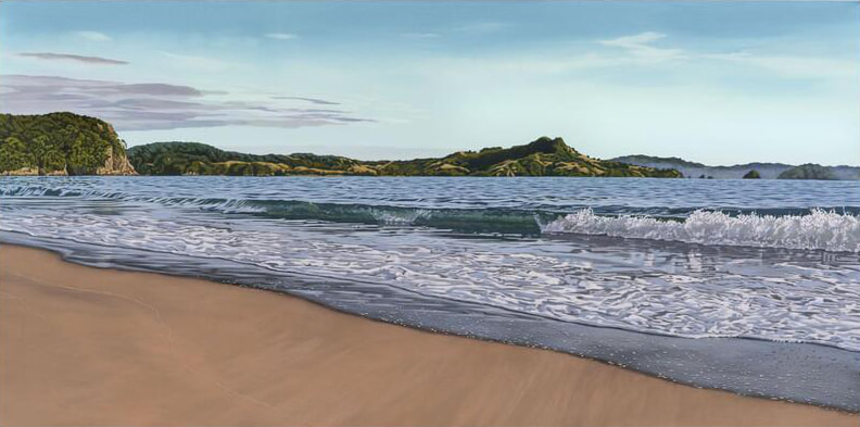 Marina Napier "Summer Dawn, Cooks Beach", Acrylic on Canvas, 152 x 77cm (Light oak tray frame), 2022
